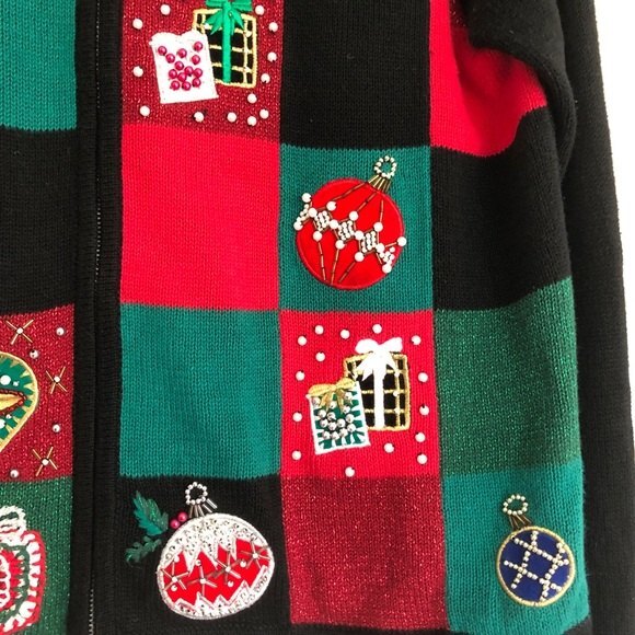 Victoria Jones Christmas Sweater Womens Medium Red Cardigan Patchwork Holiday - Picture 3 of 9
